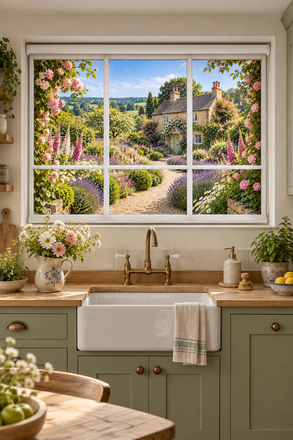 English Cottage Garden Faux Window View Printed Picture Photo Roller Blind - RB1484