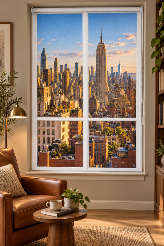 A large white-framed wall window or glass panel installed in a living room, showing a detailed city skyline with the Empire State Building at sunset. The room includes a brown leather armchair, a round wooden coffee table with a mug and plant, and a bookshelf.