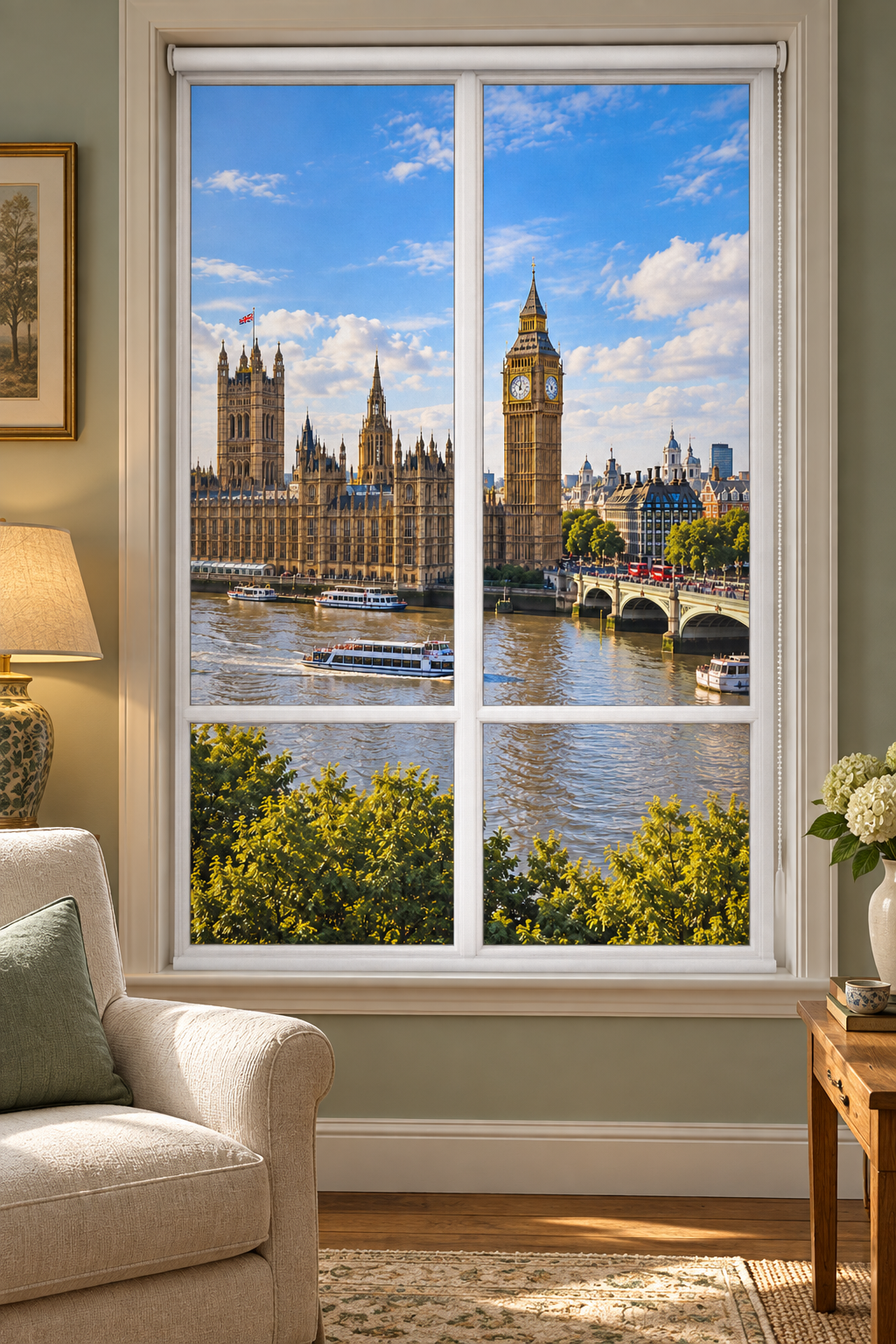 A large white-framed wall window or mural depicting the London skyline with Big Ben, the Houses of Parliament, the Thames, and bridges, shown installed in a styled room with a sofa, lamp, and side table.