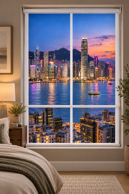 A large wall decal or window-style print showing a city skyline at dusk with illuminated skyscrapers and water reflections, displayed on a bedroom wall above a bed.