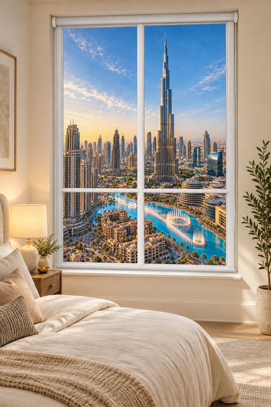 A large wall mural or window-style print depicting a Dubai cityscape with the Burj Khalifa and fountain plaza, shown installed in a bedroom above a bed with neutral bedding and bedside lamp.