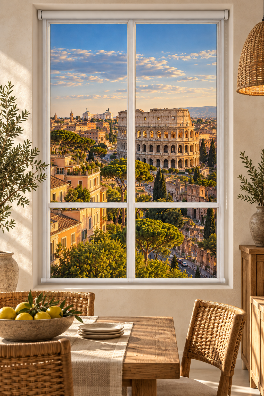 A large wall decal or window film depicting the Colosseum and Rome skyline, shown applied to a white window in a styled dining room with a wooden table, chairs, and plants.