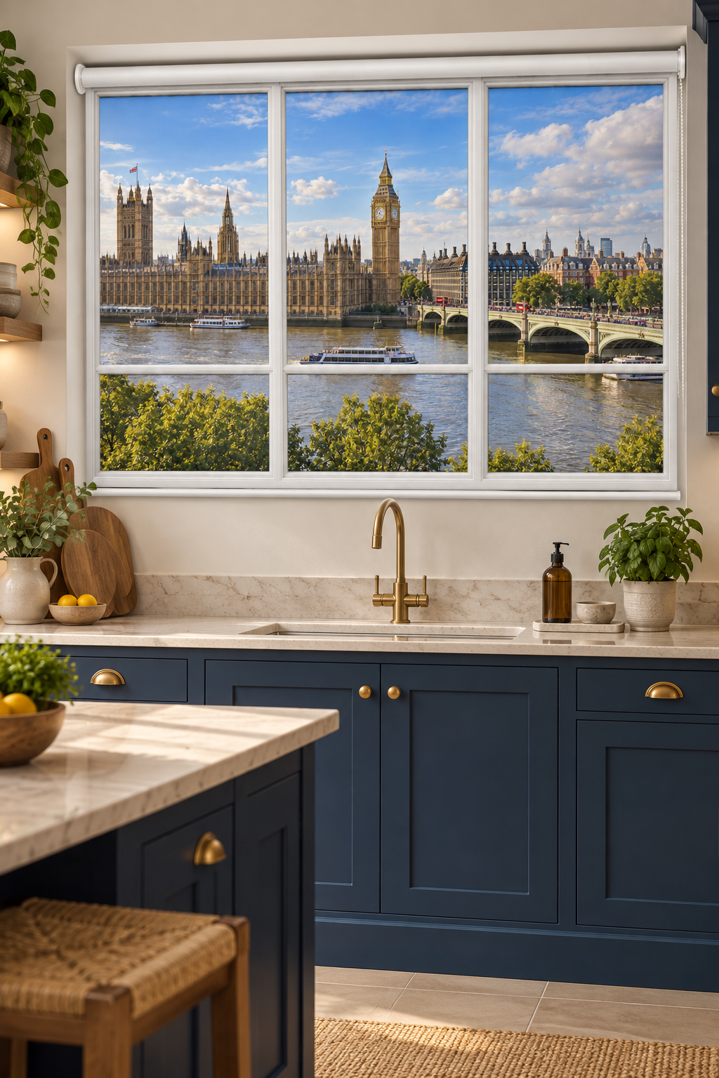 A modern kitchen with navy blue cabinets, a marble countertop, and a large window showing a scenic view of London's Houses of Parliament and Big Ben.