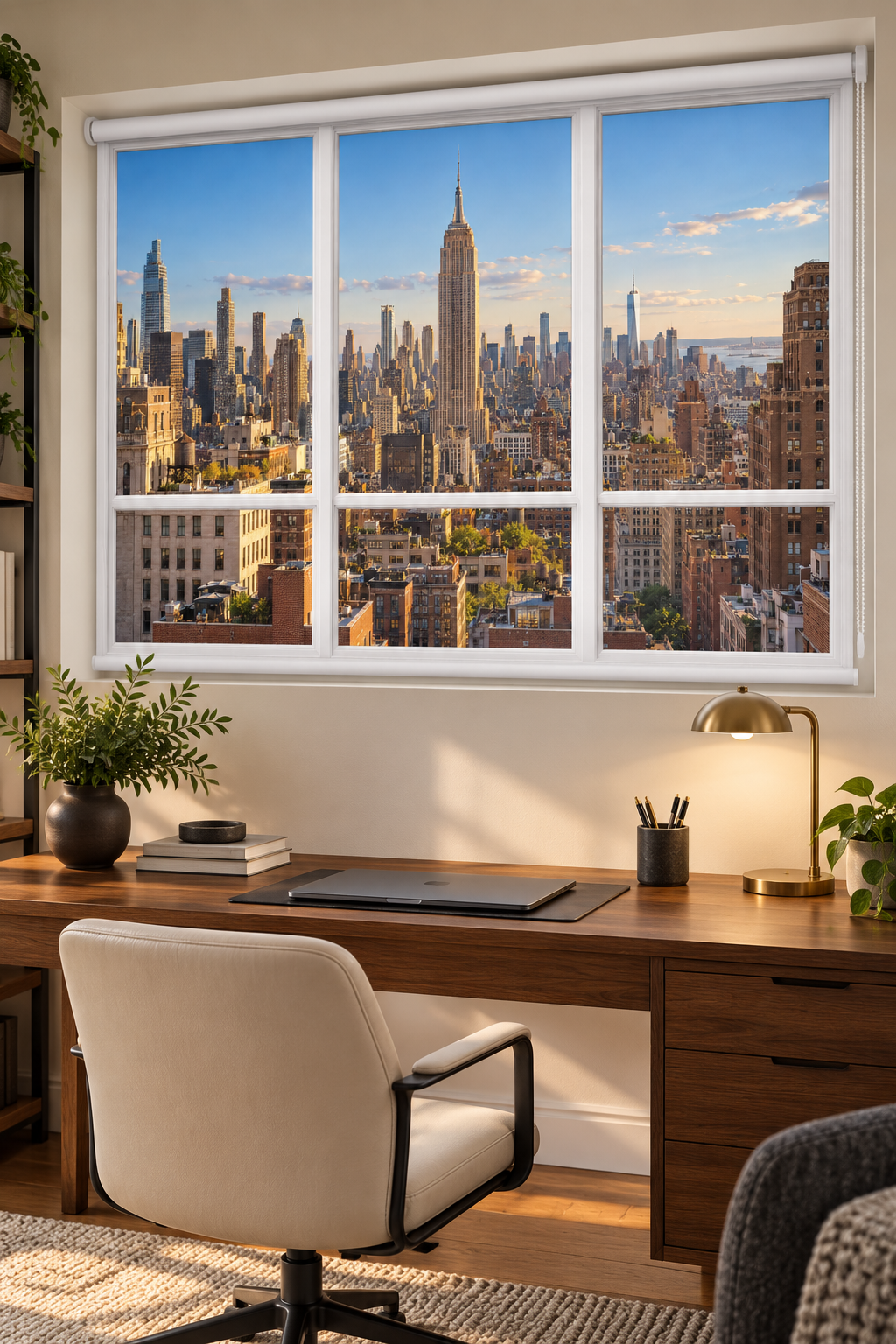 A large wall mural or window decal depicting a New York City skyline with the Empire State Building, shown installed on a window in a modern home office setting with a desk, chair, and lamp.