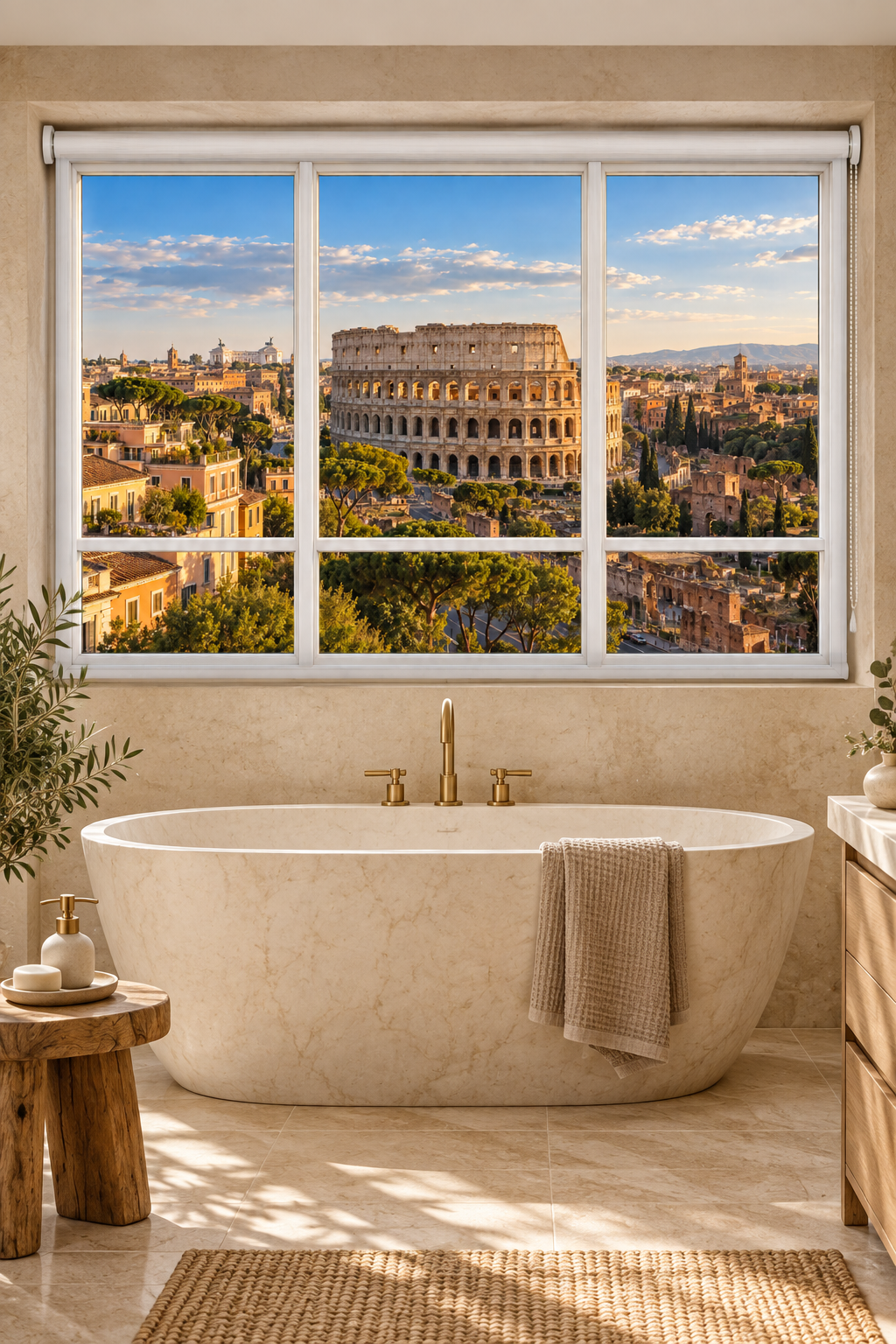 A freestanding oval bathtub in a beige bathroom, with a large window showing a view of the Roman Colosseum and city skyline. A beige towel hangs from the tub, and the room has warm neutral walls, wood flooring, and a woven rug.