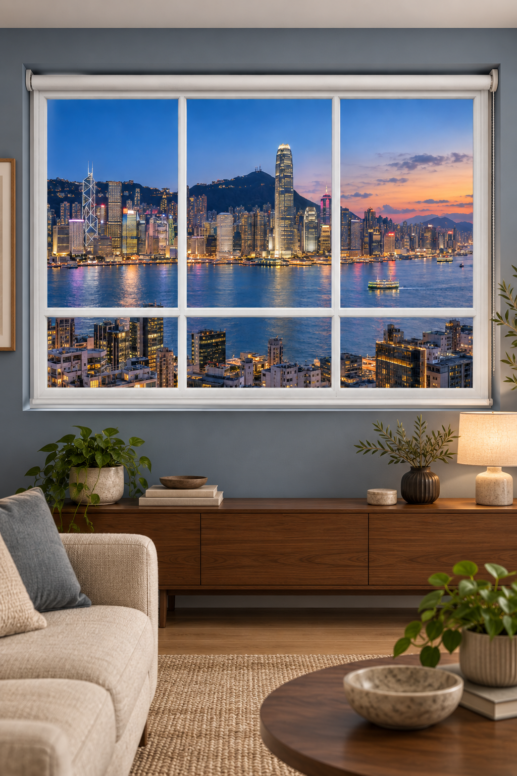 A large wall-mounted window or mural showing a city harbor skyline at dusk, installed in a modern living room with a sofa, wood console, plants, and lamp.