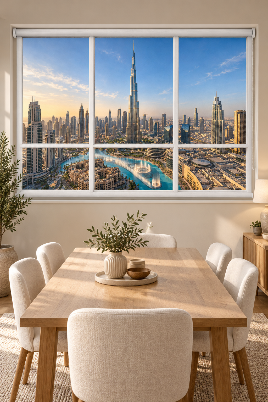 A large wall-mounted window or mural showing a city skyline with a tall skyscraper and fountain, installed above a wooden dining table with cream upholstered chairs in a bright modern room.