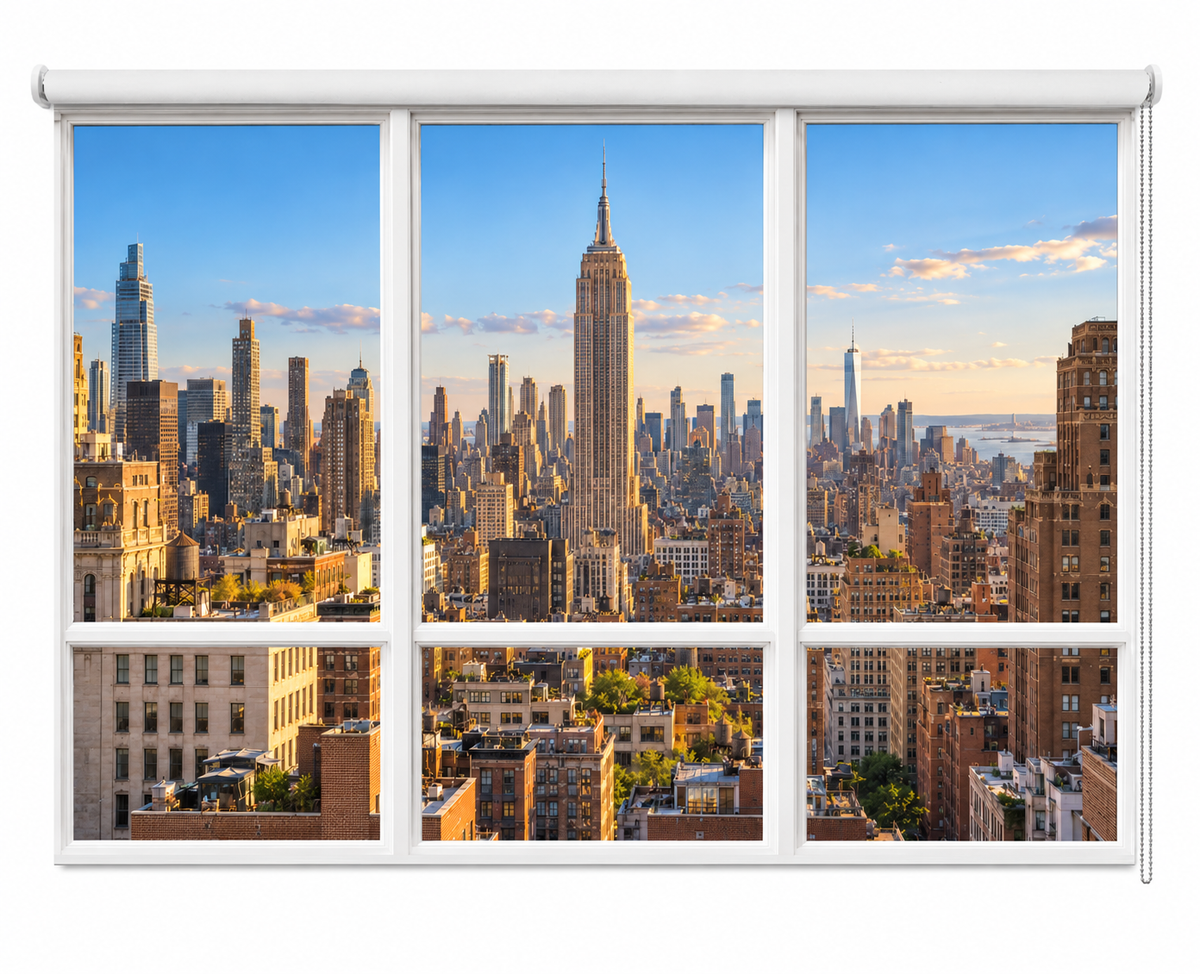 A white roller blind with a printed New York City skyline design, shown partially rolled down over a window frame against a white background.