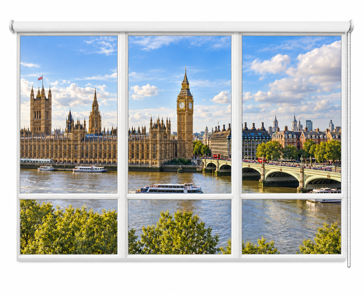 A six-panel window-style wall art print showing a London scene with Big Ben, the Houses of Parliament, the Thames, boats, and a bridge under a blue sky with clouds.