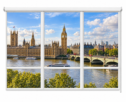 A six-panel window-style wall art print showing a London scene with Big Ben, the Houses of Parliament, the Thames, boats, and a bridge under a blue sky with clouds.