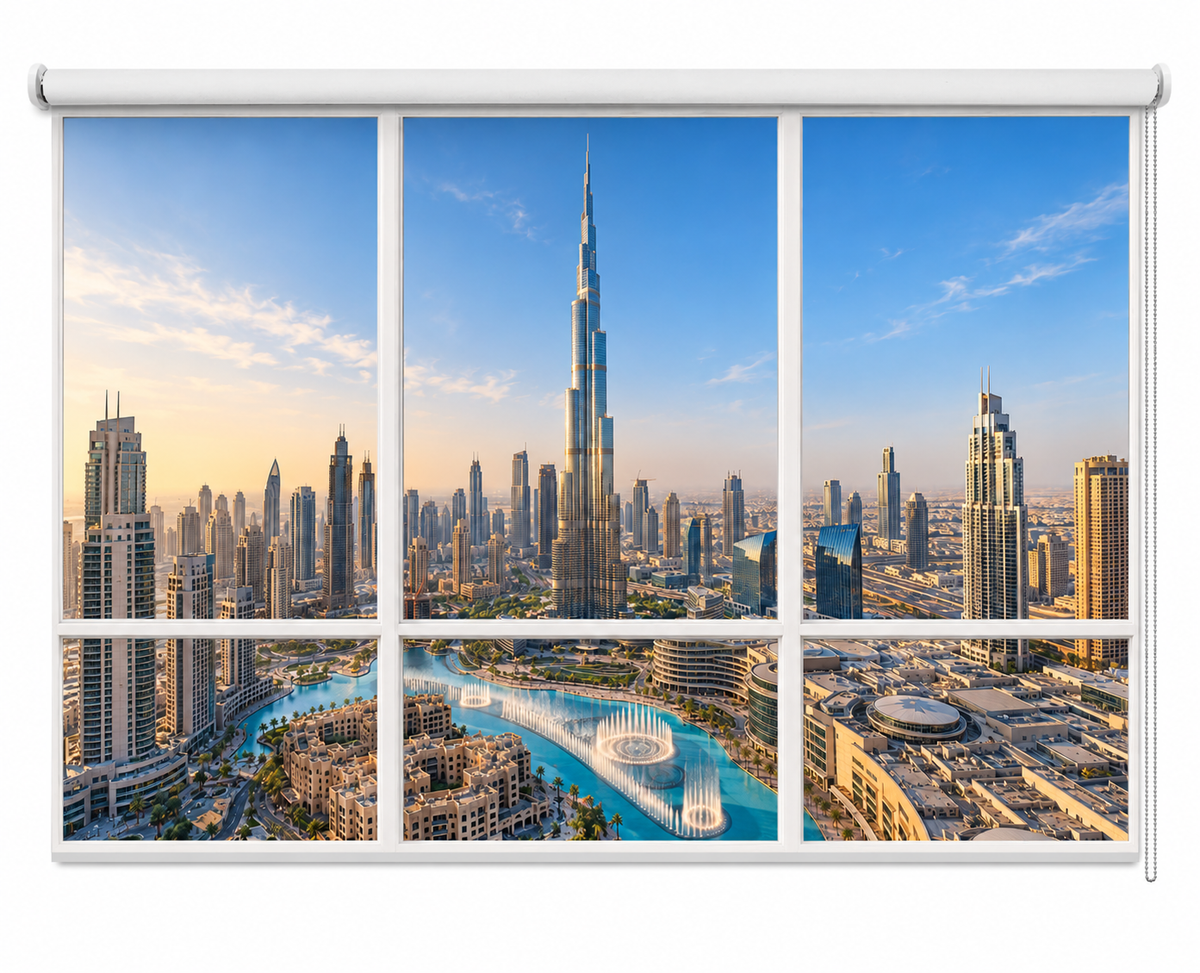 A six-panel roller blind or window shade with a printed Dubai cityscape design, shown mounted on a white roller bar against a plain white background.