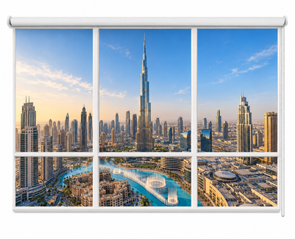 A six-panel roller blind or window shade with a printed Dubai cityscape design, shown mounted on a white roller bar against a plain white background.