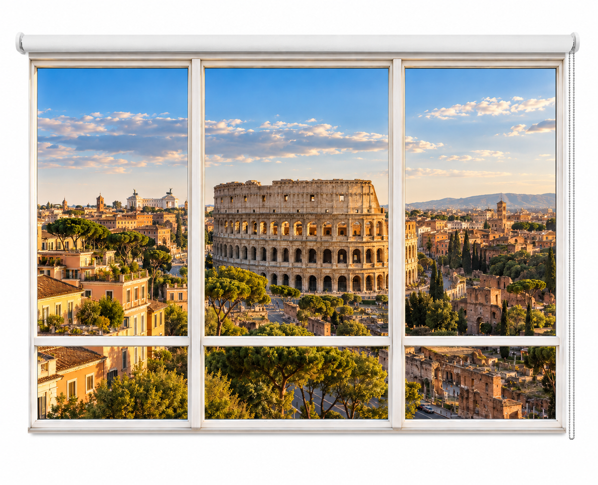 A large window-style wall mural or print showing the Colosseum in Rome, with surrounding buildings, trees, and a blue sky with clouds. The white window frame surrounds the scenic view.