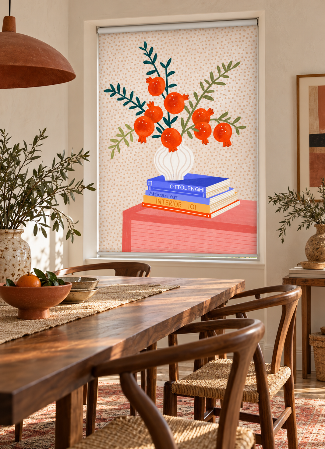 A decorative roller blind installed on a window in a styled dining room. The blind features a colorful illustration of red berries on green stems in a white vase, stacked on blue and orange books against a light beige patterned background.