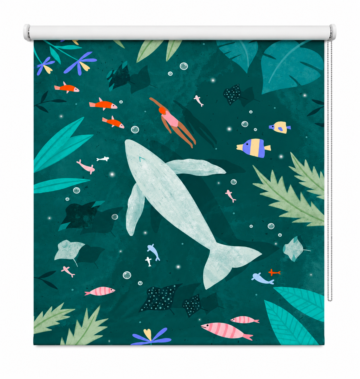 A window roller blind featuring a whimsical underwater pattern on a dark teal background, with a large light blue whale, colorful fish, tropical leaves, and sea creatures. The blind is shown partially rolled out on a white roller bar against a clean white background.