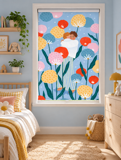 A colorful roller blind with a whimsical floral pattern and a couple embracing, shown installed on a window in a styled children's bedroom.