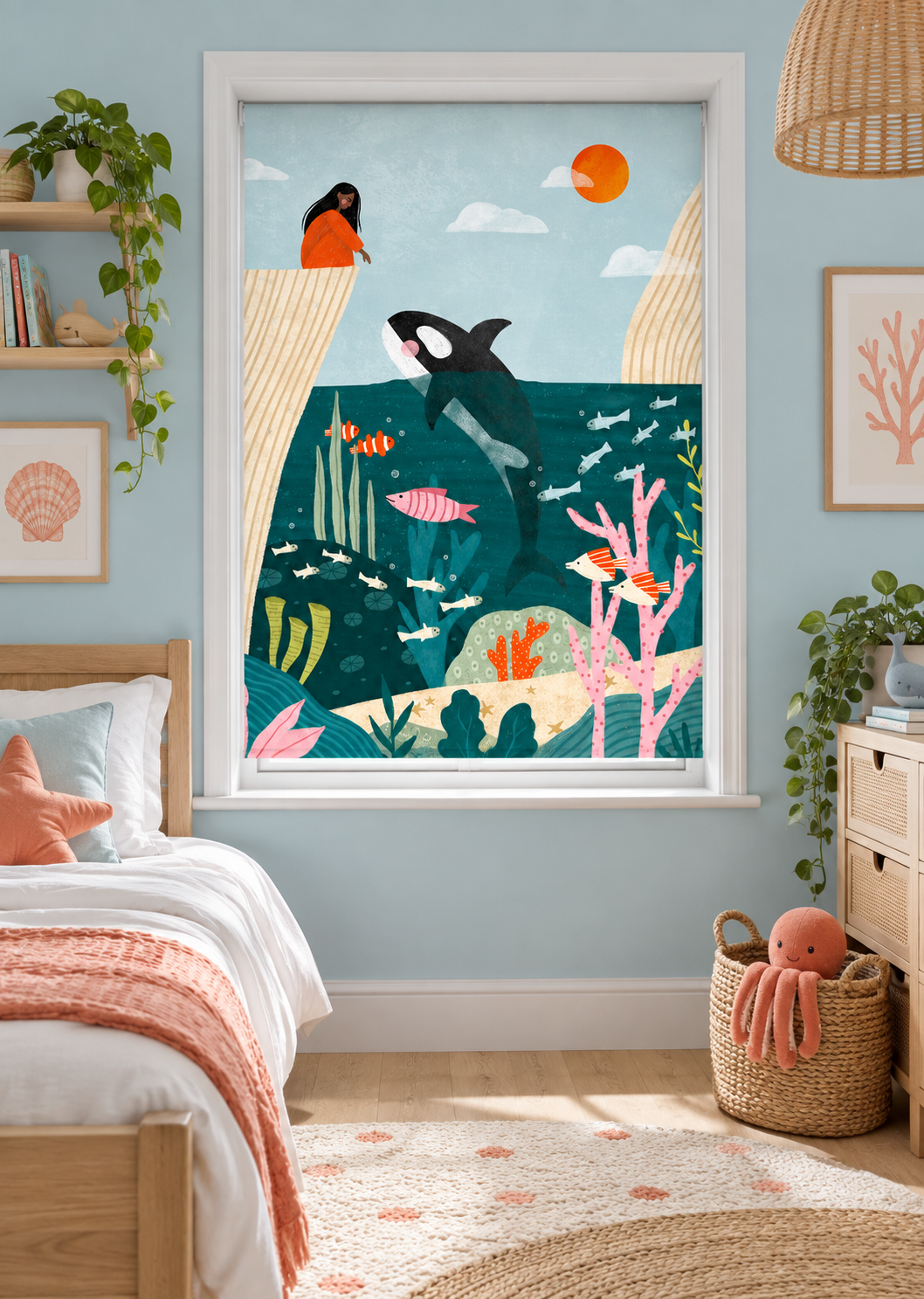 A colorful illustrated wall mural depicting an underwater ocean scene with an orca, coral, fish, and a penguin, shown installed on a window in a styled children's bedroom.