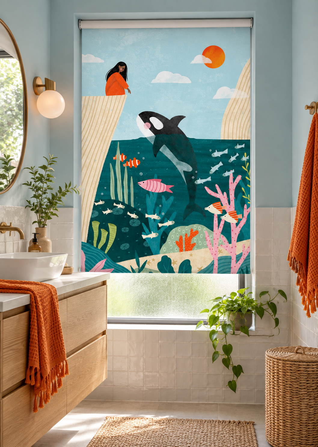Girl Watches Ocean Life Printed Roller Blind - 1X2959953