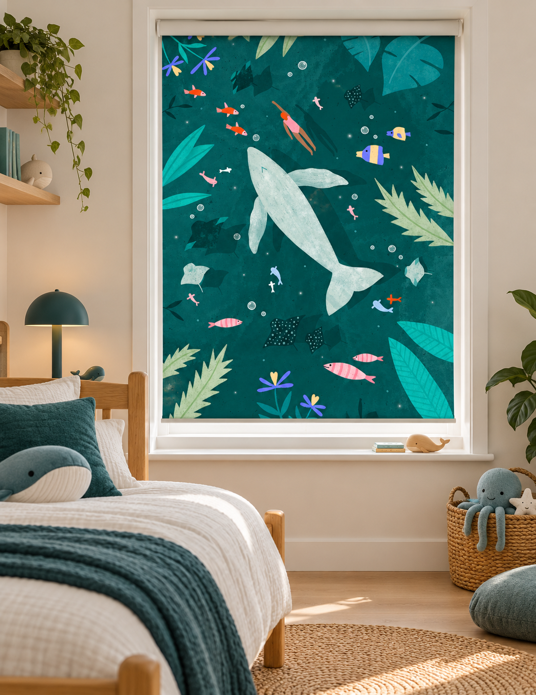 A window shade featuring a whimsical underwater scene with a large white whale, colorful fish, and tropical leaves on a deep teal background, shown installed in a styled bedroom setting.
