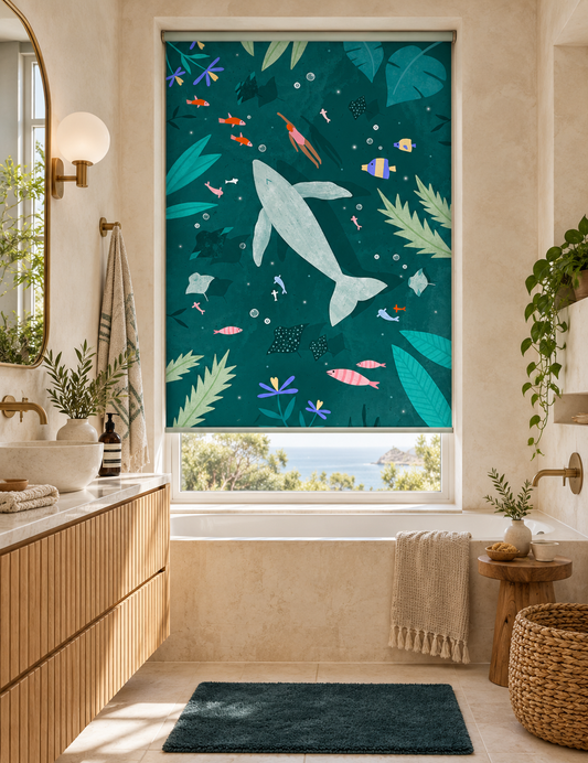 A roller blind with a colorful underwater ocean theme, featuring a large white whale, tropical leaves, and small fish on a dark teal background, shown hanging in a modern beige bathroom.