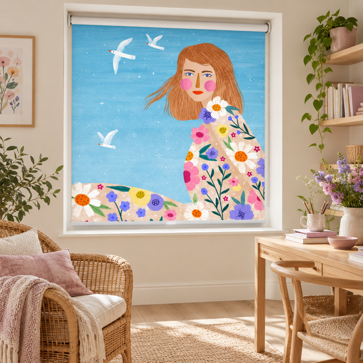 Printed roller blind featuring a whimsical illustration of a woman with pink cheeks wearing a colourful floral dress against a light blue sky with white flying birds