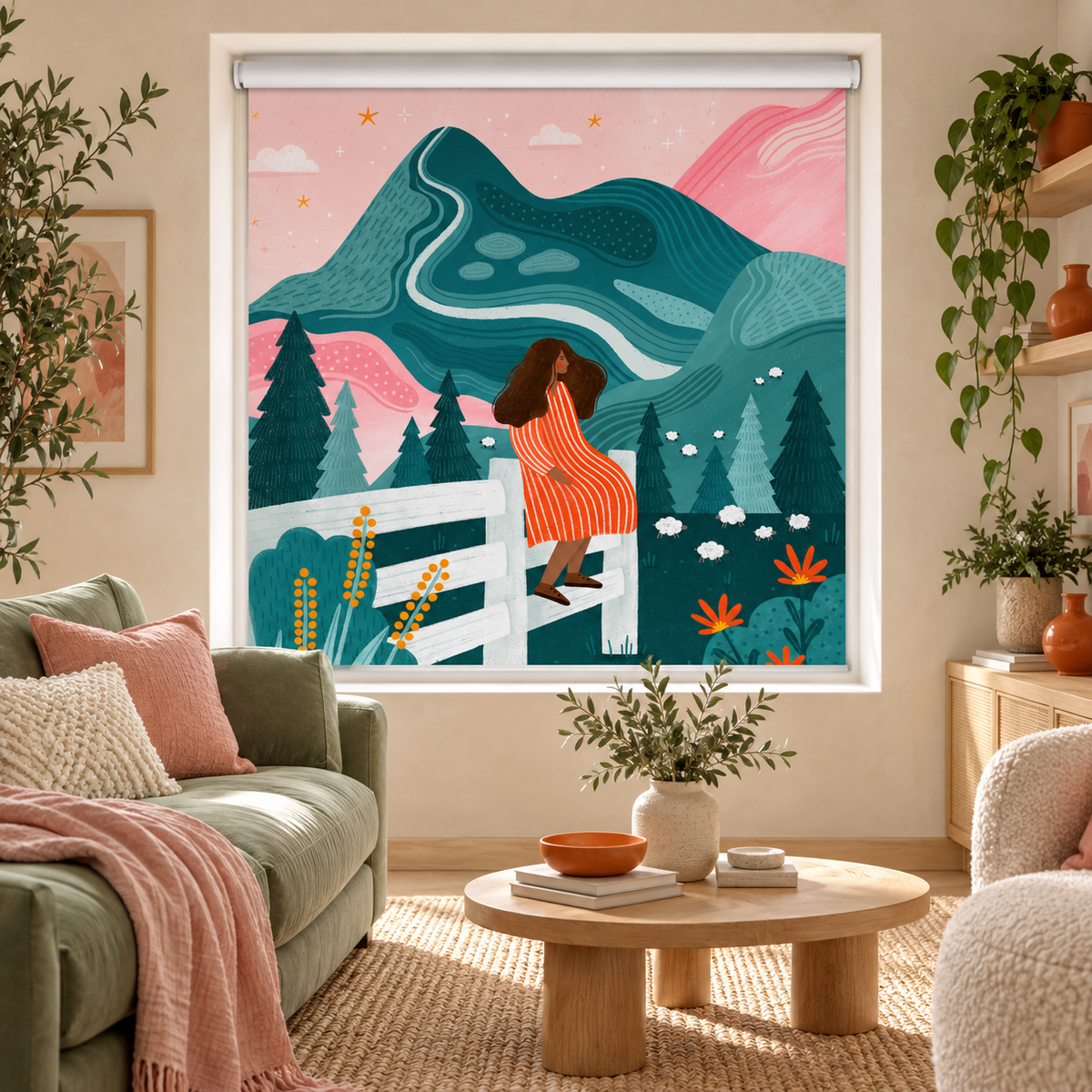 A decorative roller blind with a colorful illustrated landscape of a woman on a fence in front of mountains, shown installed on a window in a styled living room.