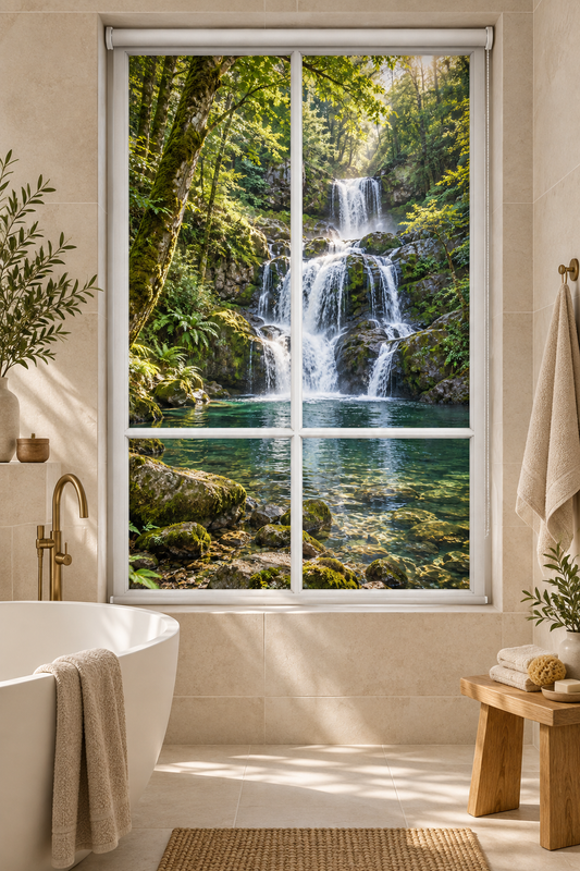 A large wall-mounted window or glass panel showing a lush tropical waterfall scene, installed in a bright beige bathroom with a freestanding tub, towel, and wooden bench.