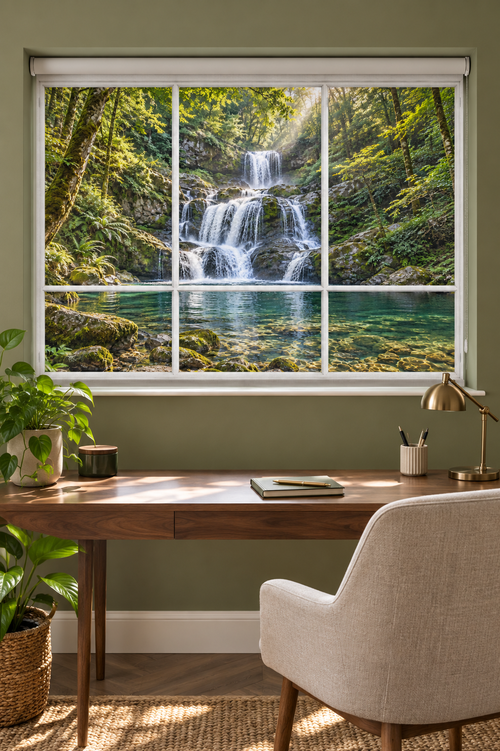 A large wall-mounted window or mural showing a lush forest waterfall scene, installed in a home office setting above a wooden desk with a chair, lamp, and plants.