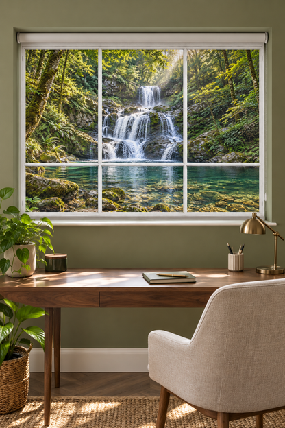 A large wall-mounted window or mural showing a lush forest waterfall scene, installed in a home office setting above a wooden desk with a chair, lamp, and plants.