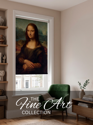 A window roller blind featuring a print of Leonardo da Vinci's Mona Lisa, shown installed in a modern living room setting with a green armchair and wooden side table. A text overlay at the bottom reads 'THE Fine Art COLLECTION'.