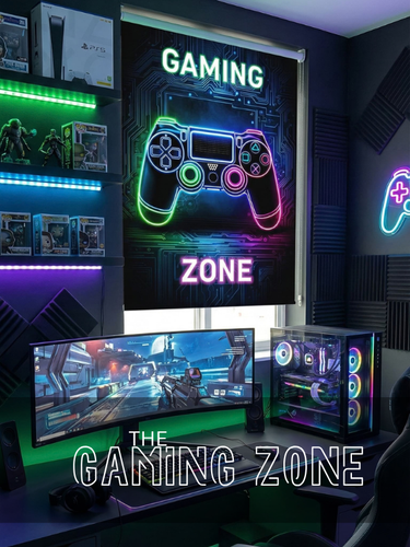 A gaming-themed room setup with a large wall poster reading 'GAMING ZONE' and a neon-style controller graphic, plus a desk with a curved monitor, RGB-lit PC case, and shelves of game cases and accessories.