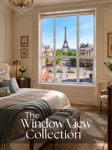 A luxury bedroom interior with a large white-framed window overlooking a Parisian street scene with the Eiffel Tower. The room features cream walls, a bed with neutral bedding, and a decorative bench at the foot of the bed.