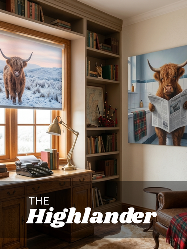 A styled home office interior featuring two large wall art prints of a Highland cow. One print is mounted on the window showing a snowy landscape with a Highland cow, and the other is on the wall showing the cow reading a newspaper.