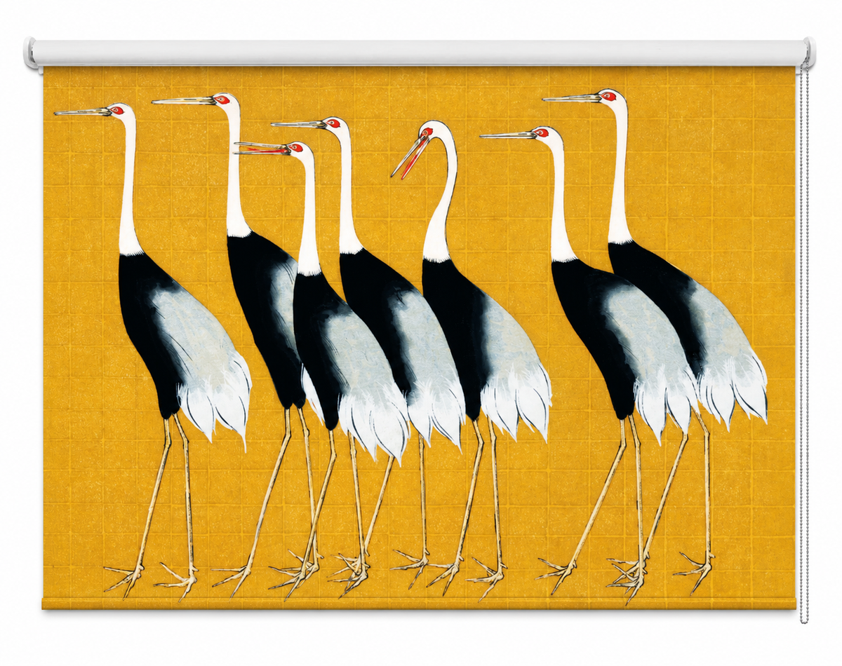 Printed roller blind featuring a traditional Japanese fine art design of a flock of elegant white and black cranes with red accents standing against a textured mustard yellow background, installed in a Japandi-style dining room