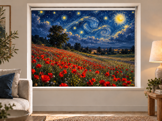 A large wall mural or window covering featuring a stylized night landscape with a swirling blue sky, glowing yellow moon and stars, and a field of red flowers, shown installed in a living room setting.