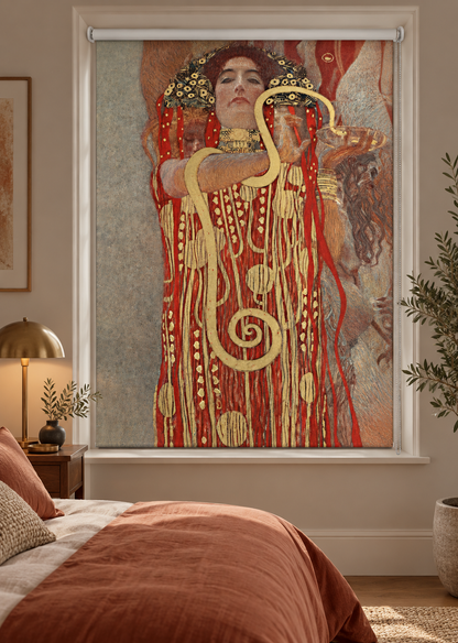 Printed roller blind featuring a detail from Gustav Klimt's fine art painting 'Medicine', showing a figure in a red and gold gown with an ornate headdress holding a golden snake against a textured grey background