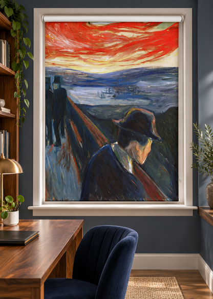 Printed roller blind featuring Edvard Munch's fine art painting 'Melancholy', installed in a stylish walnut study room with a dark blue wall, showing a figure in a hat against a dramatic red and orange sunset sky over a dark landscape