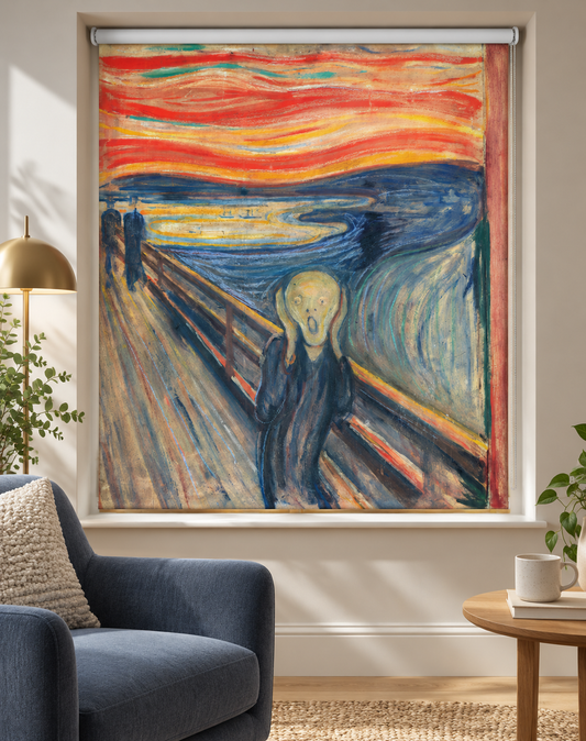 A large wall roller blind featuring Edvard Munch's painting 'The Scream' installed in a modern living room setting with a blue armchair, a wooden side table, and a lamp.