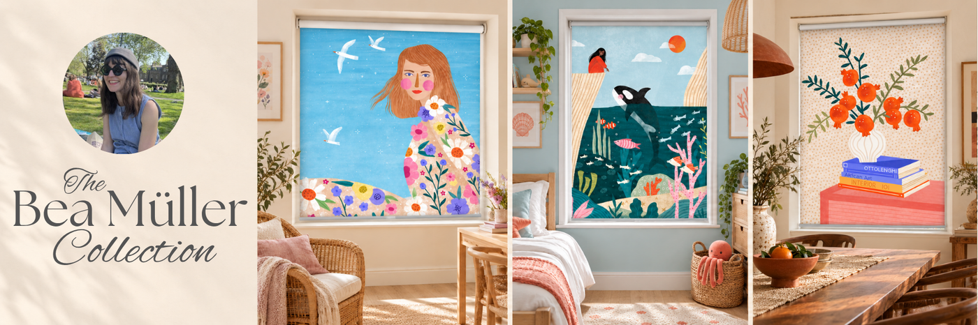 A promotional banner for 'The Bea Müller Collection' showing three colorful hand-painted style window roll shades installed in a beautifully decorated bedroom and living space. The shades feature illustrations of a woman in a floral dress, a sea turtle and whale in an ocean, and a stack of books with orange flowers.