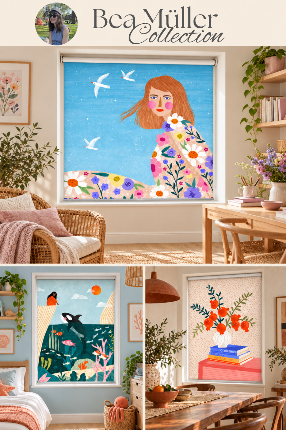 A collage showing three framed art prints displayed in cozy home interiors. The top panel includes the text 'BeaMüller Collection' and a small circular dog portrait.