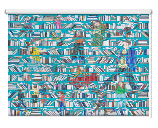 Printed roller blind featuring a whimsical illustration of a bright teal bookshelf with tiny people interacting with scattered books