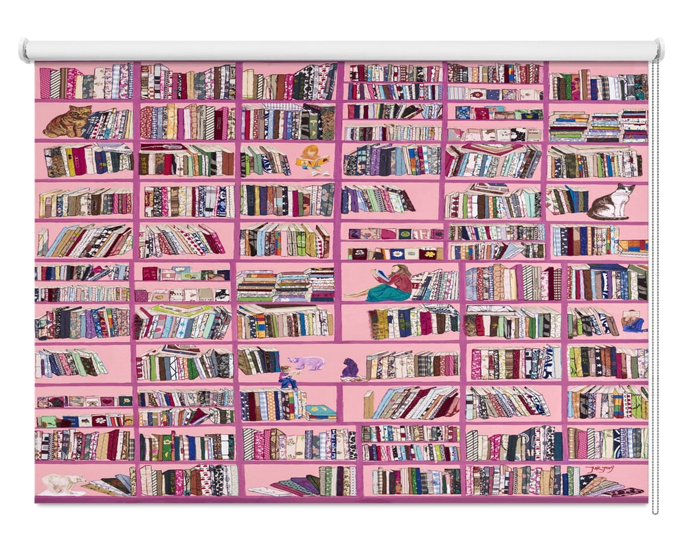 Printed roller blind featuring a highly detailed pink bookshelf illustration packed with colourful books and whimsical details like sitting cats