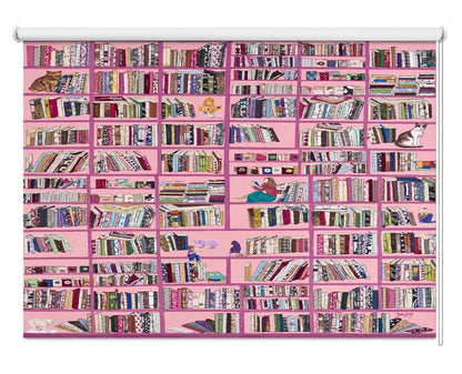 Printed roller blind featuring a highly detailed pink bookshelf illustration packed with colourful books and whimsical details like sitting cats