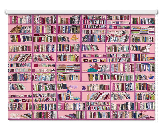 Printed roller blind featuring a highly detailed pink bookshelf illustration packed with colourful books and whimsical details like sitting cats