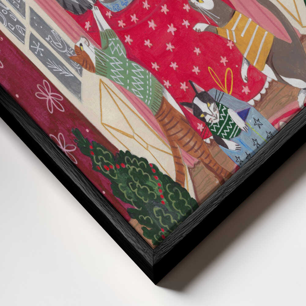 Cats in the Window at a Snowy Christmas in Bright Colours Canvas Print Wall Art 1X3200792 - ART FEVER - Art Fever