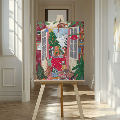 Cats in the Window at a Snowy Christmas in Bright Colours Canvas Print Wall Art 1X3200792 - ART FEVER - Art Fever