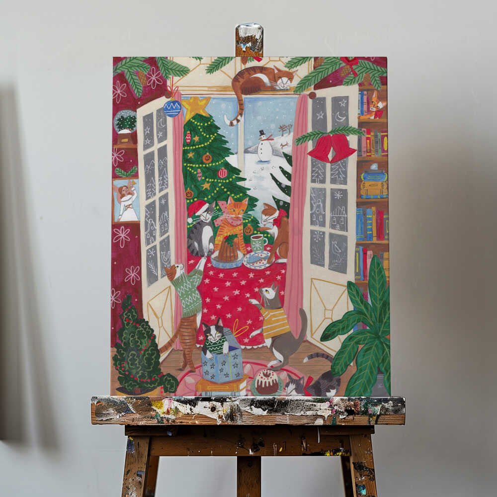 Cats in the Window at a Snowy Christmas in Bright Colours Canvas Print Wall Art 1X3200792 - ART FEVER - Art Fever