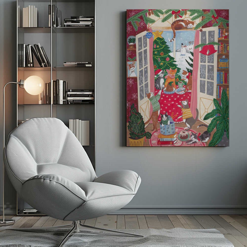 Cats in the Window at a Snowy Christmas in Bright Colours Canvas Print Wall Art 1X3200792 - ART FEVER - Art Fever