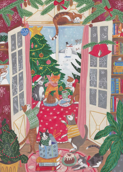 Cats in the Window at a Snowy Christmas in Bright Colours Canvas Print Wall Art 1X3200792 - ART FEVER - Art Fever