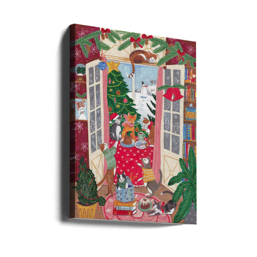 Cats in the Window at a Snowy Christmas in Bright Colours Canvas Print Wall Art 1X3200792 - ART FEVER - Art Fever